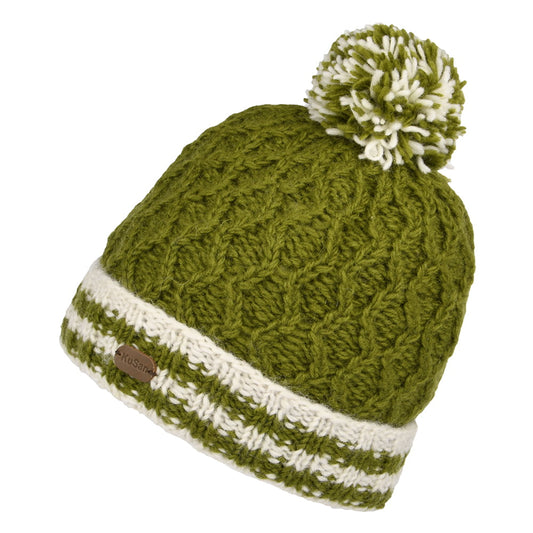 Bonnet à Pompon Maille Losange et Revers à Rayures olive KUSAN