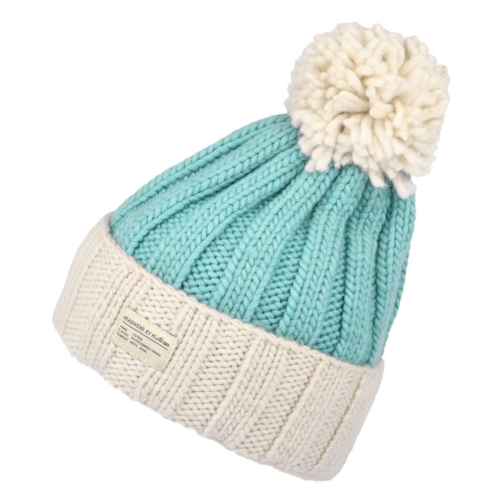 Bonnet à Pompon Côtelé Turn Up gris clair-aqua KUSAN