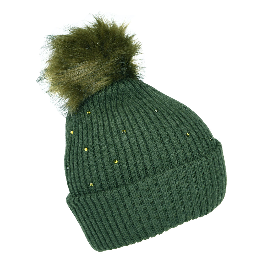 Bonnet à Pompon en Fausse Fourrure et Strass Mithra forêt BARTS