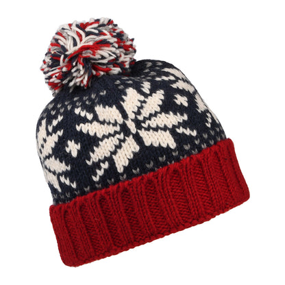 Bonnet à Pompon et Revers Snowflake bleu marine-vin KUSAN