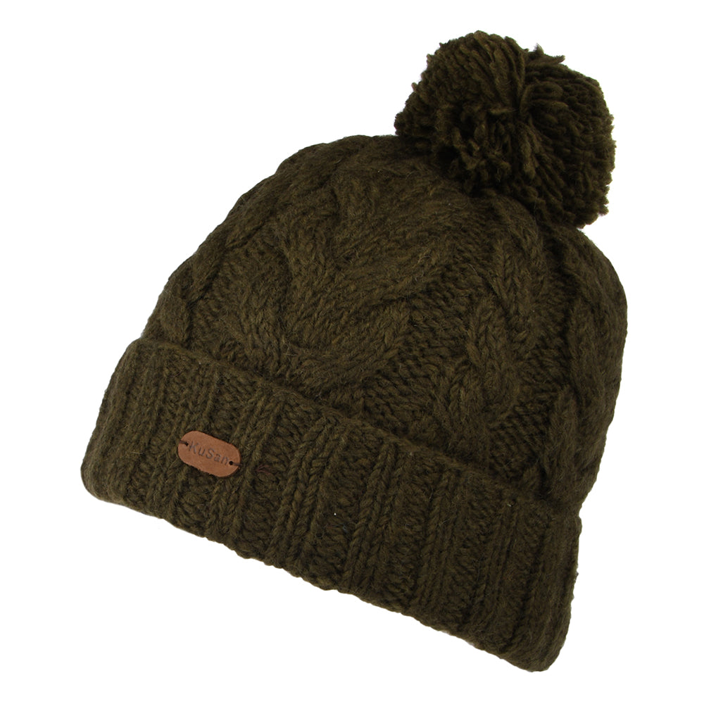 Bonnet à Pompon à Torsades à Revers olive KUSAN