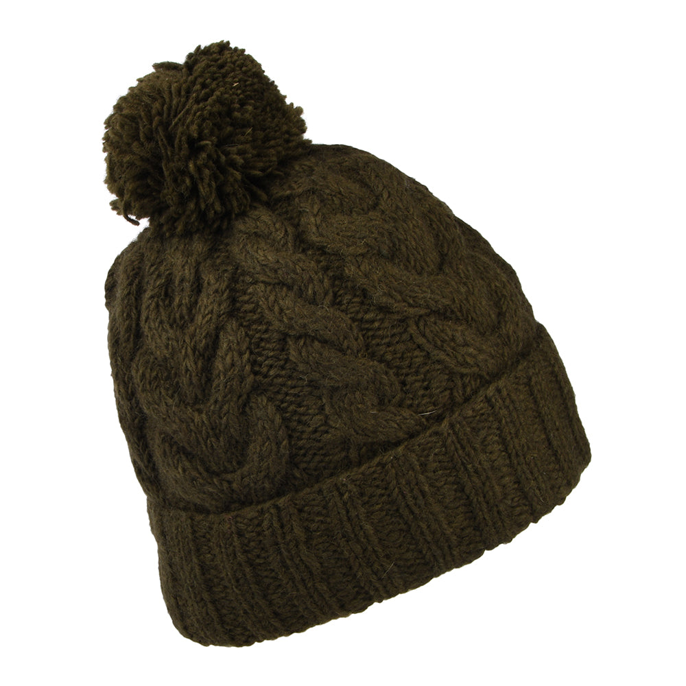 Bonnet à Pompon à Torsades à Revers olive KUSAN