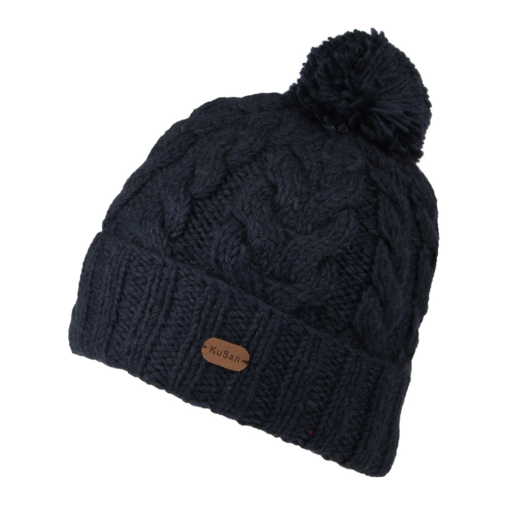Bonnet à Pompon à Torsades à Revers bleu marine KUSAN
