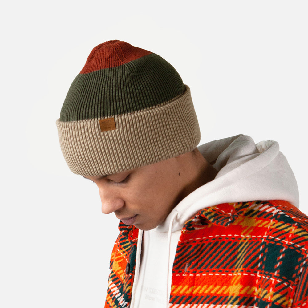 Bonnet à Revers Semmoe taupe-olive-rouge BARTS