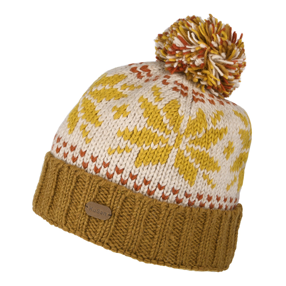 Bonnet à Pompon et Revers Snowflake moutarde KUSAN