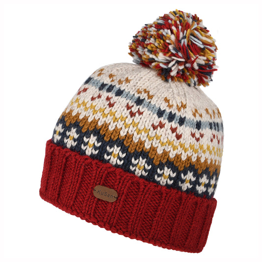 Bonnet à Pompon Fair Isle Mosaic rouge-moutarde-crème KUSAN