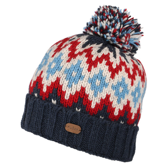 Bonnet à Pompon et à Revers Losanges bleu marine-rouge-crème KUSAN